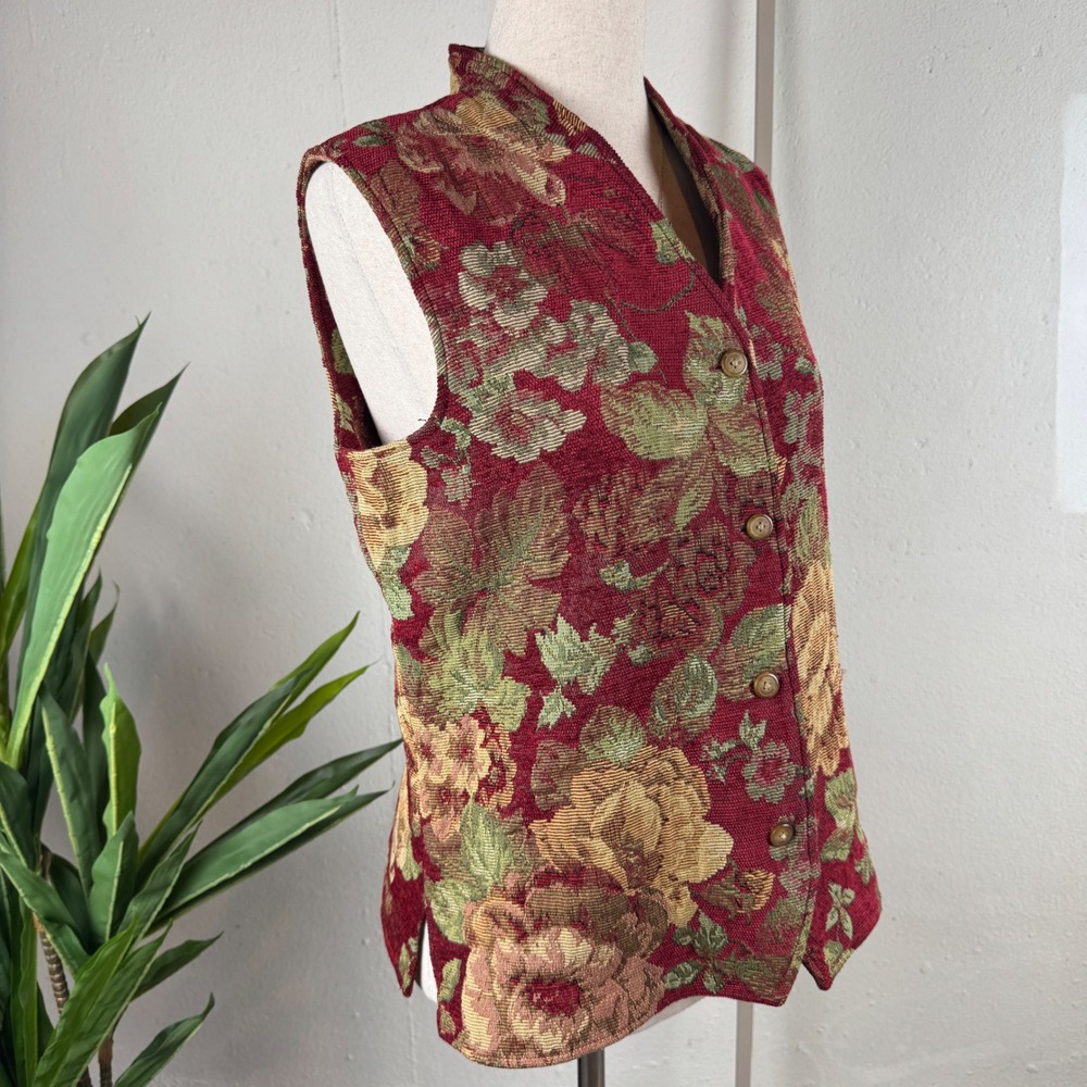 Goblincore Earthy Floral Tapestry Vintage Coldwater Creek Vest Medium Red Autumn
